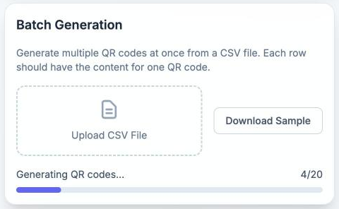 QR Code Pro's Batch Generation panel showing Generating QR codes, 4 of 20