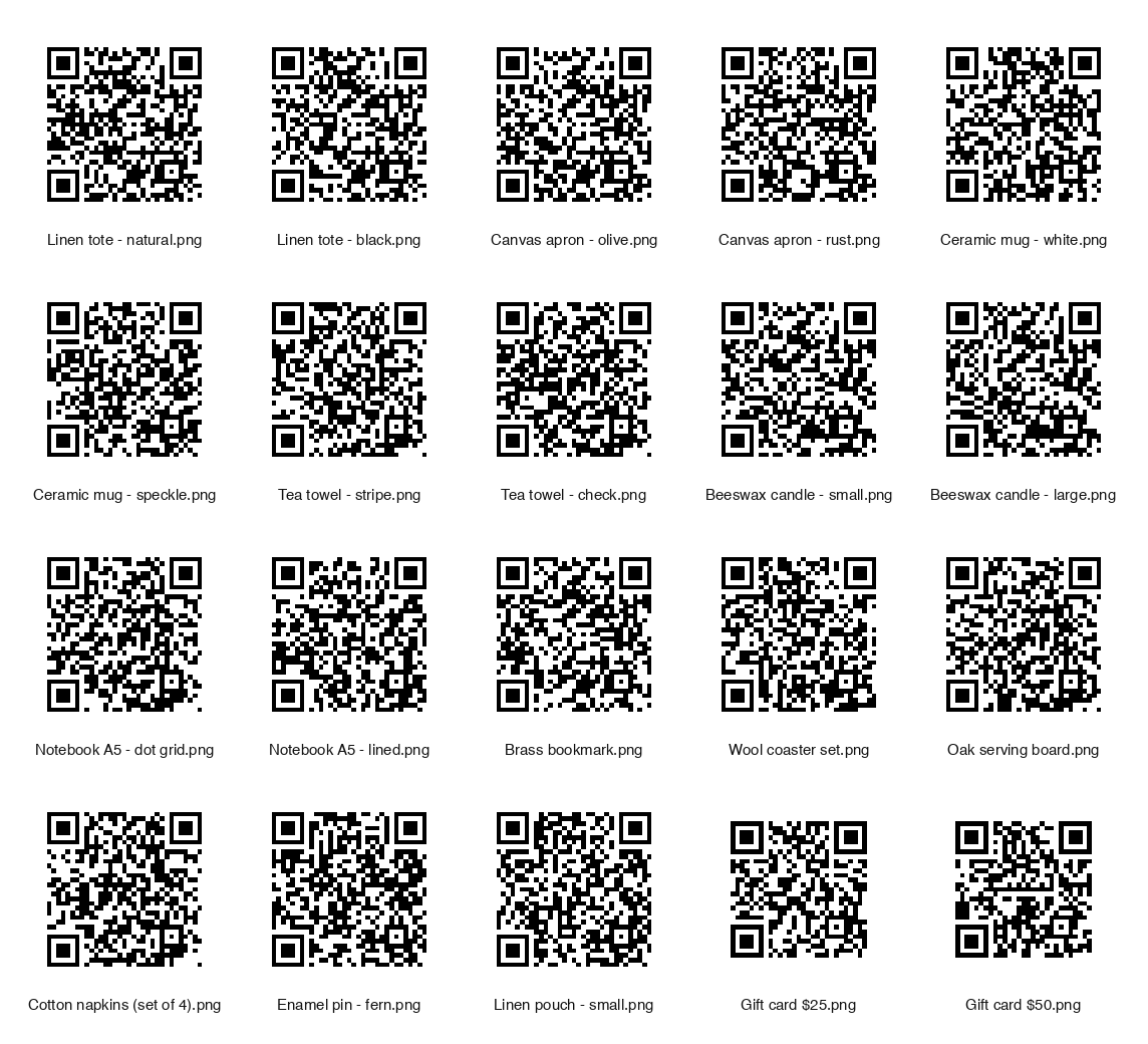 The 20 QR code PNG files the app produced from the sample CSV, each labeled with its file name, such as Linen tote - natural.png