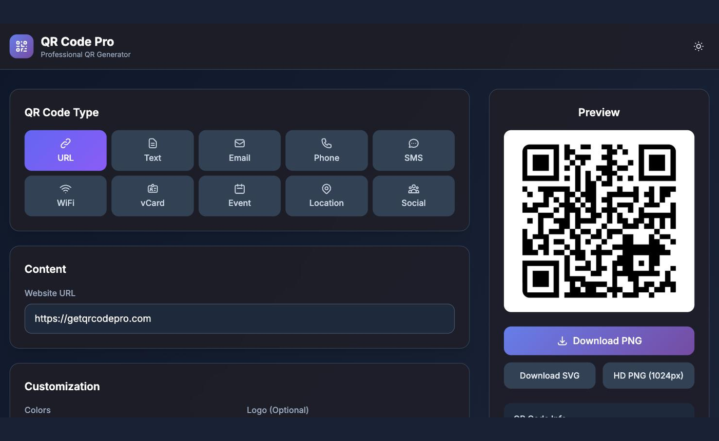 QR Code Pro Generator - create URL, WiFi, vCard and 10+ QR code types with custom colors, logo upload, and PNG/SVG export. One-time $29 purchase, works offline.