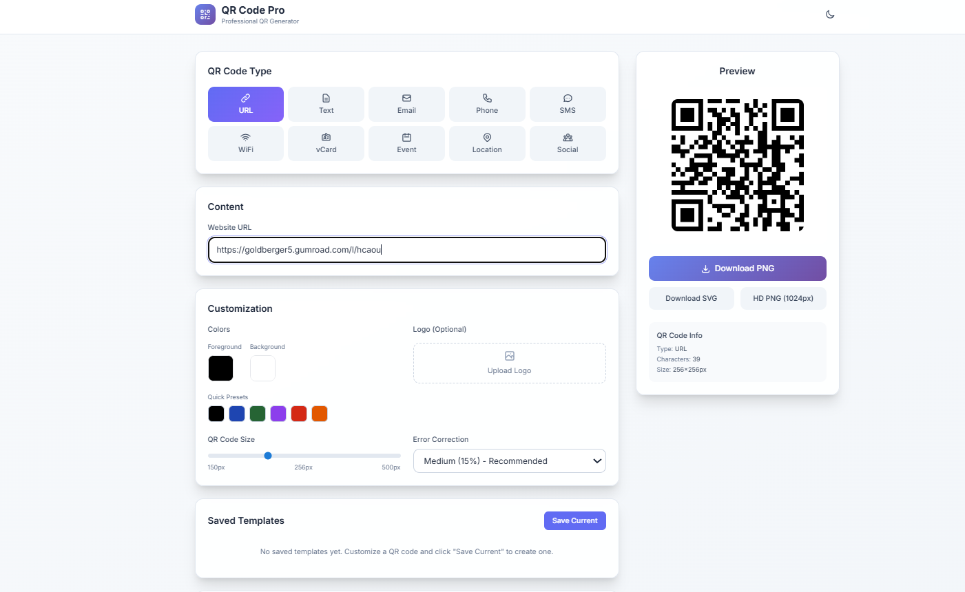 QR Code Pro Generator — create URL, WiFi, vCard and 10+ QR code types with custom colors, logo upload, and PNG/SVG export. One-time $39 purchase, works offline.
